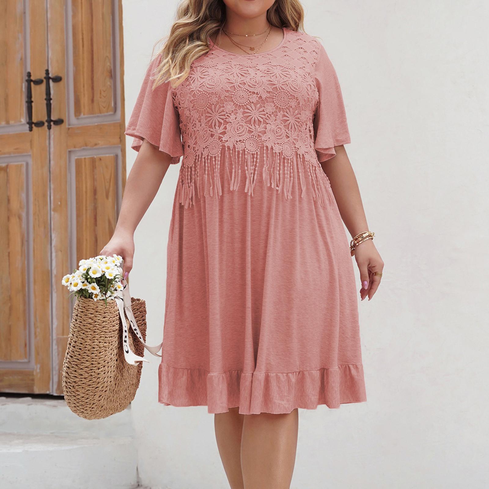 

Женские платья большого размера с коротким рукавом и кисточками, однотонные, с круглым вырезом XL