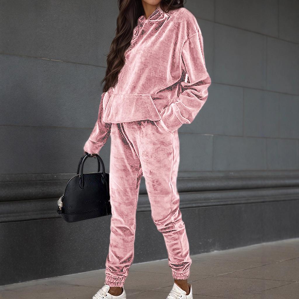Tuta da Donna 2 Pezzi in Velluto Liscio con Cappuccio Felpa a Manica Lunga Pantaloni della Tuta Morbida Casual Autunno Inverno
