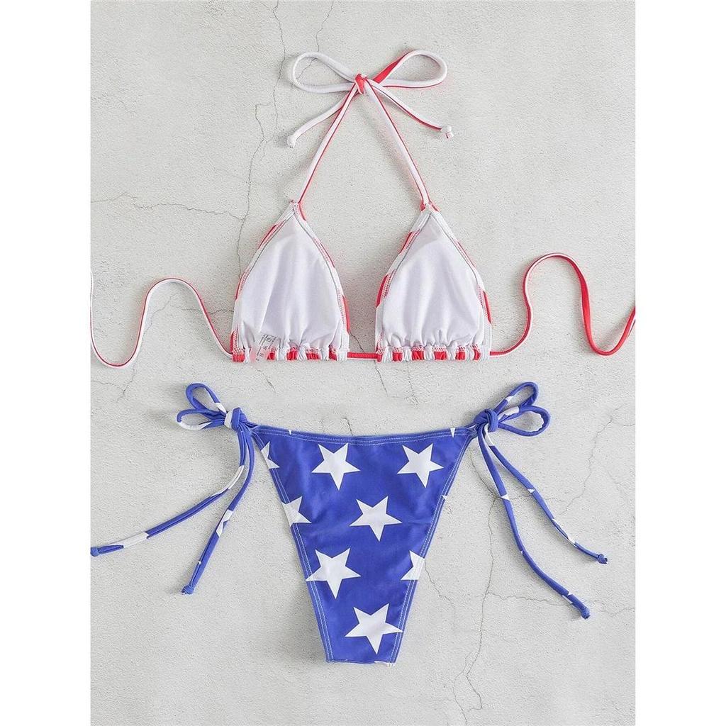 Flag Printed Striped Halter High Cut Bikini Female Swimsuit Women Swimwear Two-pieces Bikini Set Bather Bathing Suit Swim