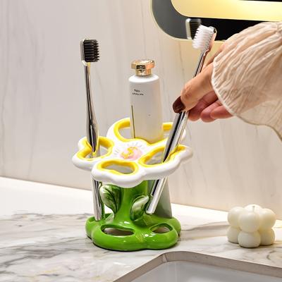 Ceramic Bathroom Organizer,Floral Toothbrush Holder With, Freestanding or Countertop Bathroom Storage, Decorative Vanity Shelf for Bathroom Counter