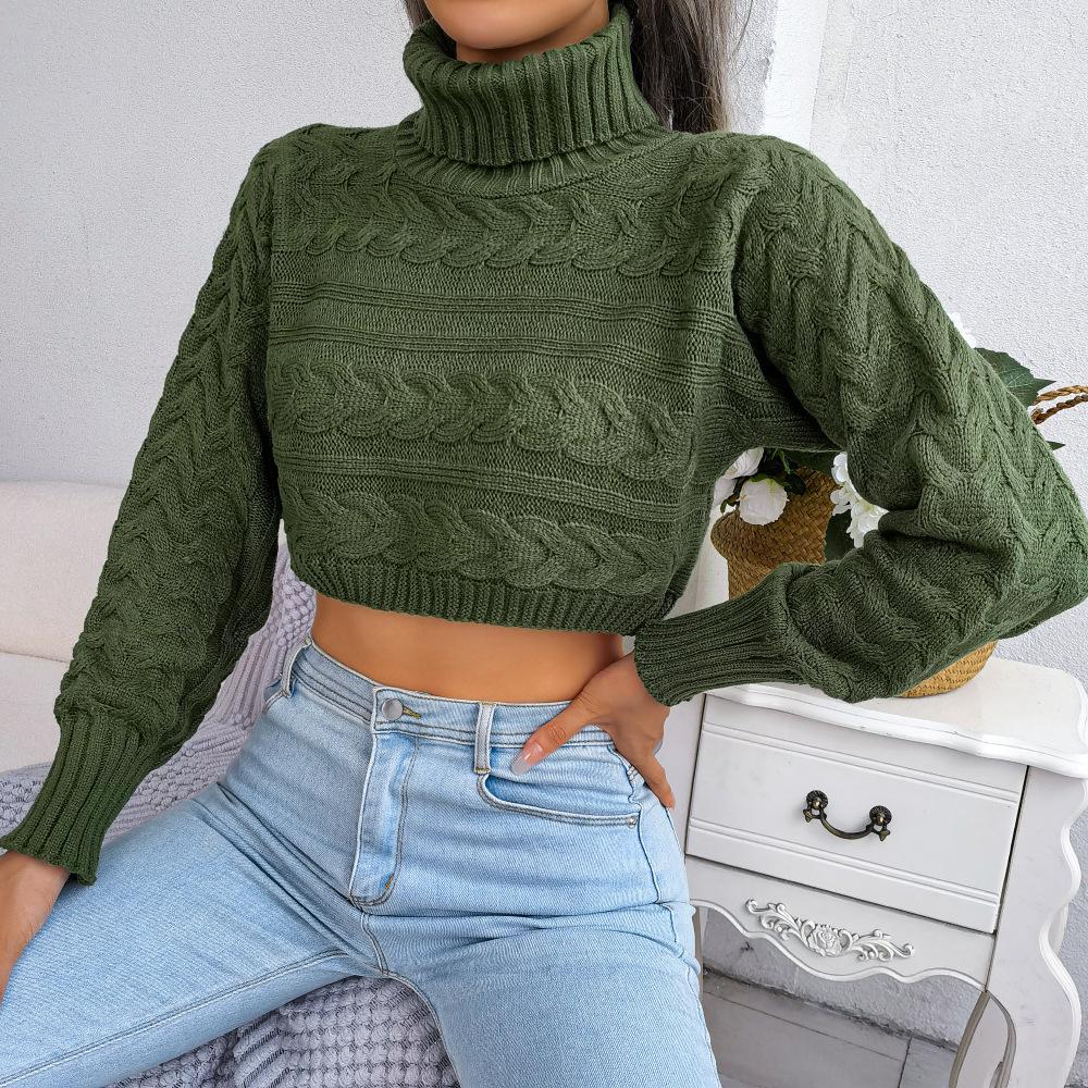 GMXIA Damemote Uformell Ensfarge Høst Vinter Langermet Høyhals Løs Twist Crop Strikkegenser