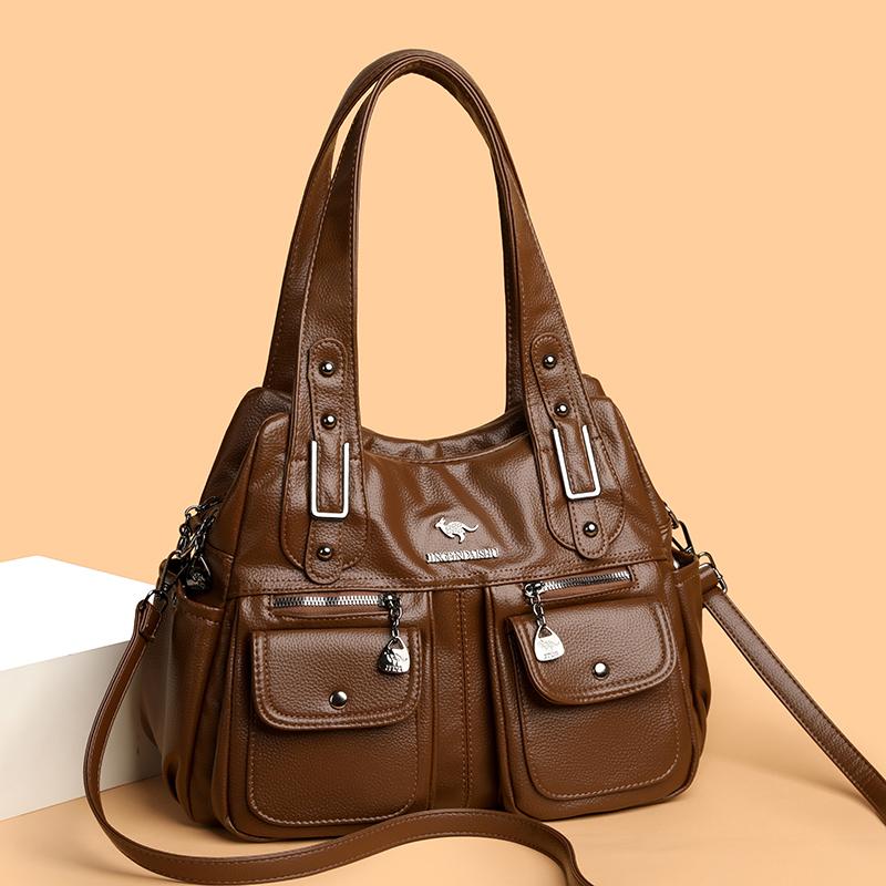 Soft Leather Large Capacity Shoulder Bag Middle-Aged Women's Bag Mother's Bag Commuter Multi-Pocket Crossbody Bag