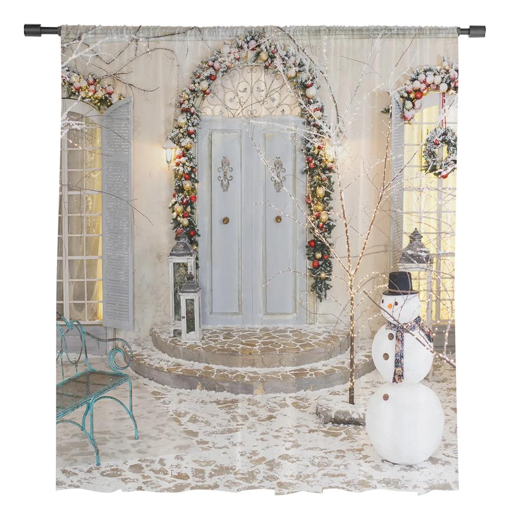 Christmas Snowman Door Balloon Tulle Curtains For Living Room Bedroom Kitchen Decoration Chiffon Sheer Voile Window Curtains