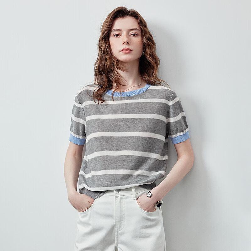 Chuyu Women's Lyocell Retro Stripe Short-Sleeve Knit Top