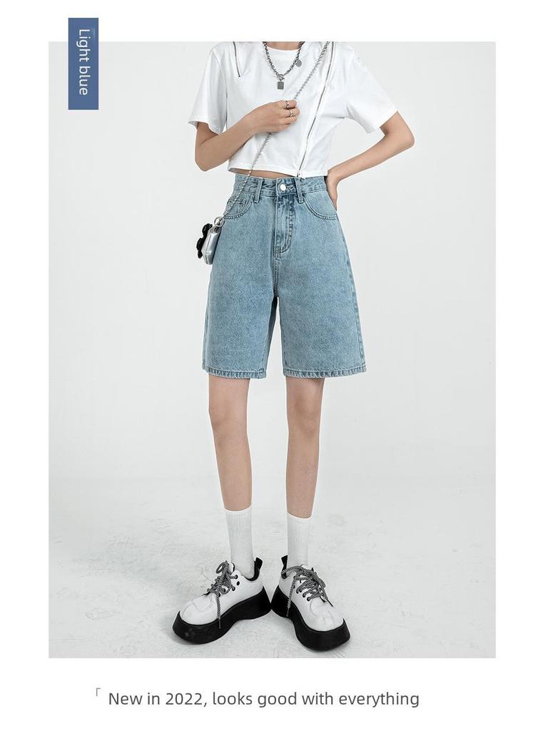 Women's High-Waist Retro Denim Shorts: Loose, Straight-Leg, 5-Point Mid-Length, Hong Kong & Japanese Style for Spring & Summer