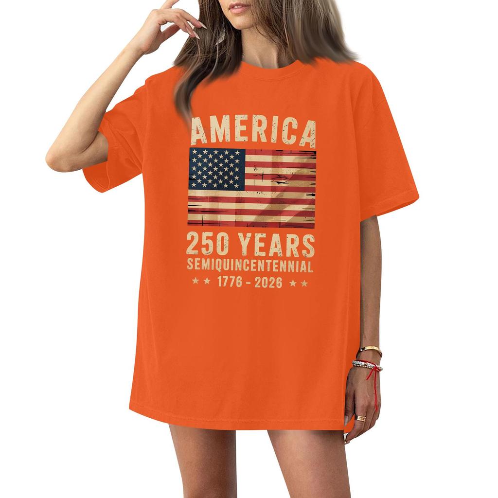 Women's Casual Fashion Round Neck Casual American Flag Print Short Sleeve T-Shirt Top