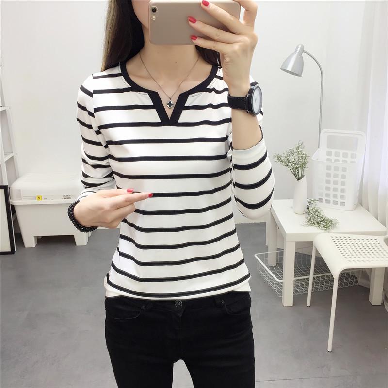2025 Spring/Autumn Women's Slimming Striped V-Neck Long-Sleeve T-Shirt - Student Base Layer