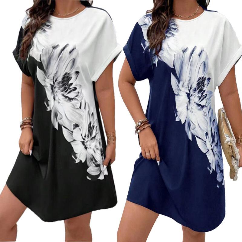 European And American Wish Hipster Crew Neck 3D Flower Print Loose Hem Women'S T-Shirt Dress