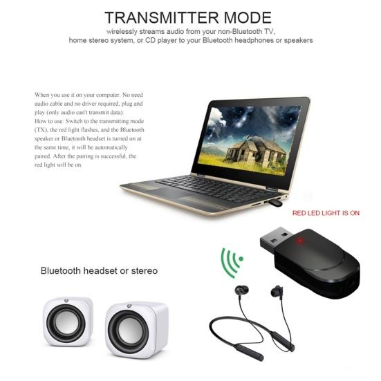 Bluetooth 5 Stereo Receiver USB 3.5mm Audio Transmitter AUX Adapter for TV PC