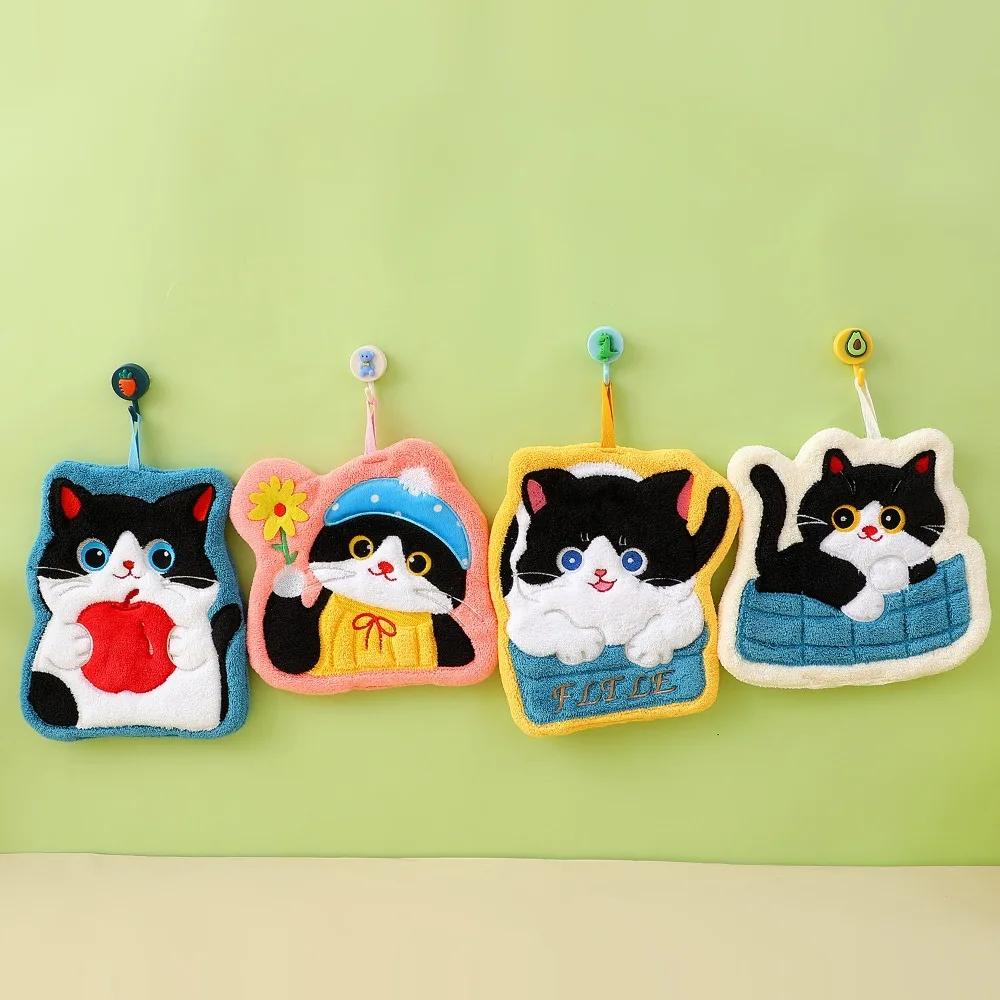 Durable Cute Cat Hand Towel Soft Coral Fleece Bathroom Kerchief Hanging Style Thickened Washcloth