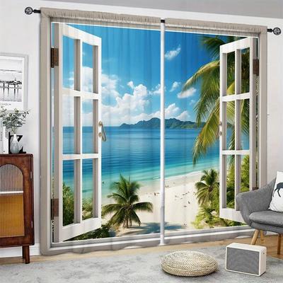 Cortina Estampada con Escena de Playa para Decoración del Hogar - Tratamiento de Ventana con Bolsillo para Barra para Dormitorio, Cocina, Sala de Estar