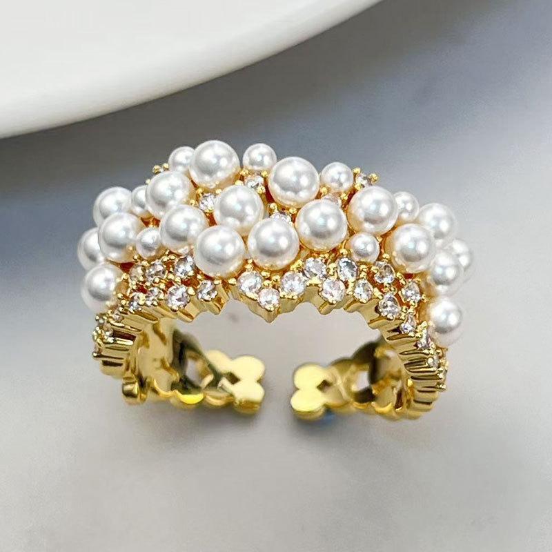 New Pearl Zircon Open Ring, Niche High-end Slightly Inlaid Exquisite Index Finger Ring, Retro Elegant Ring Ring Ring.