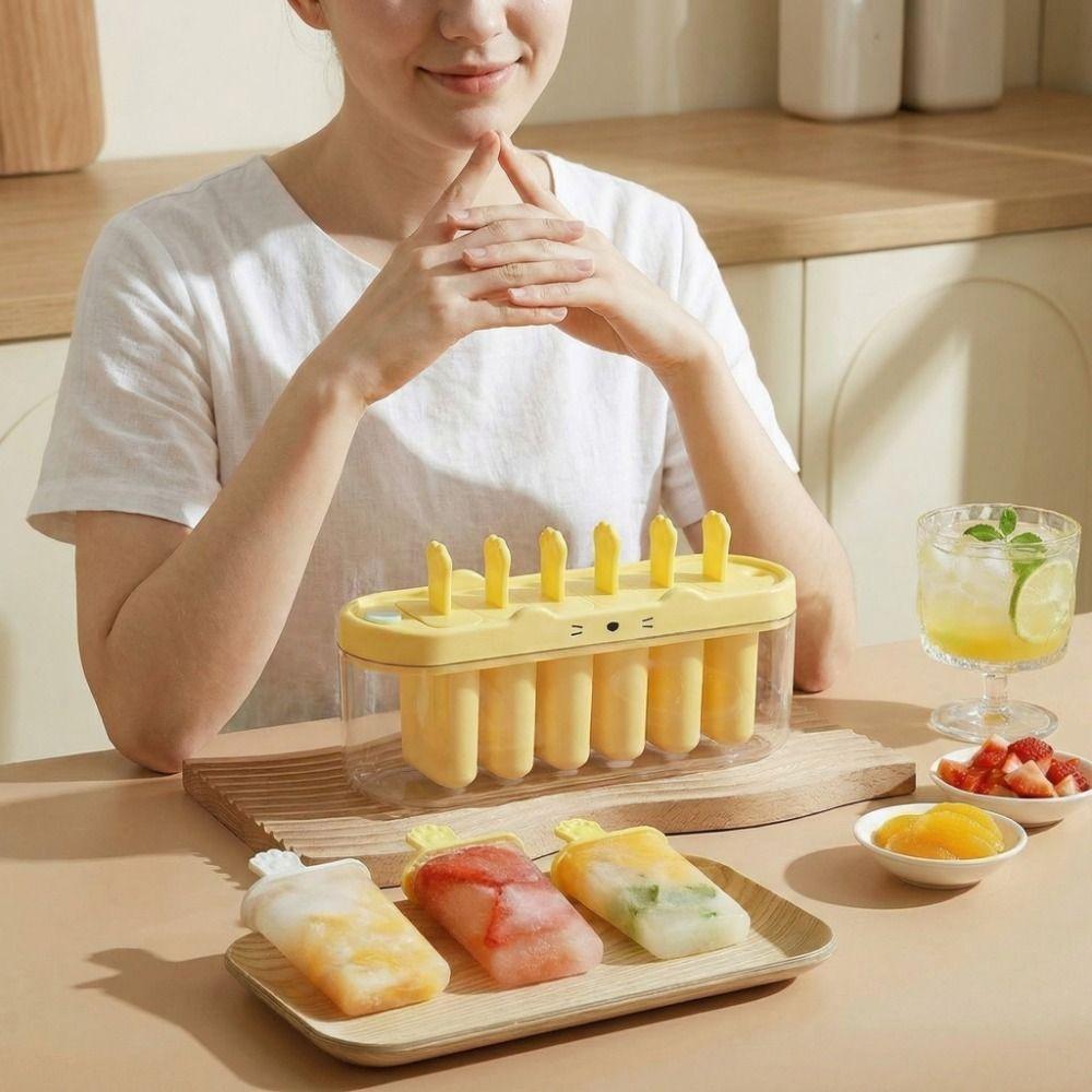 Cartoon Silicone Ice Cream Mold 6 Grids Ice Candy Mold Portable Ice Cream Box  Kitchen