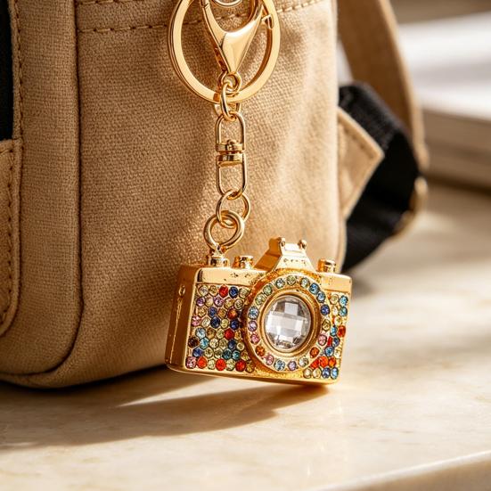 Portachiavi Ciondolo Strass Intarsiati Design Fotocamera Portachiavi con Moschettone Anti-Ossidazione Accessorio per Zaini