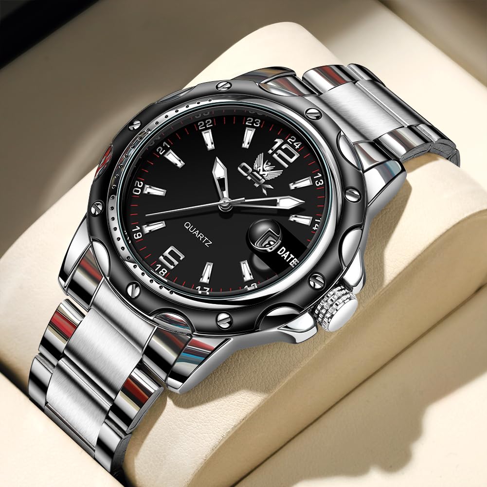 OPK Quartz Watch with Date Classic Stainless Steel Watch for or Office Black Men's Display, Waterproof, Luminous, Stylish, Easy-to-Read, Business,