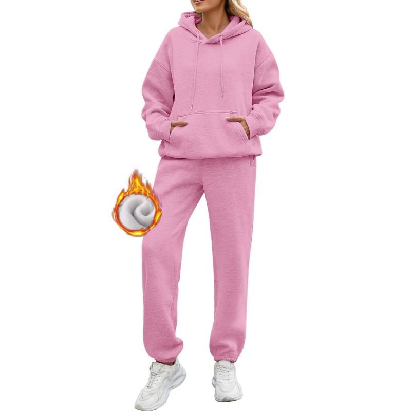 Womens Solid Color Hooded Long Sleeve Fleece Lined Sweatshirt Matching Pants Set Casual Streetwear Outfit