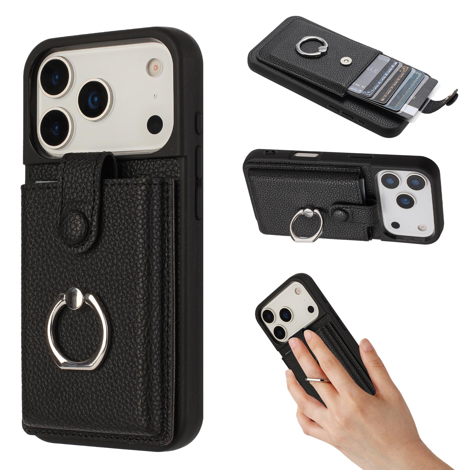 

For iPhone 17 Pro Case with Ring Kickstand Drawing Type Card Slots Leather Back Cover Black