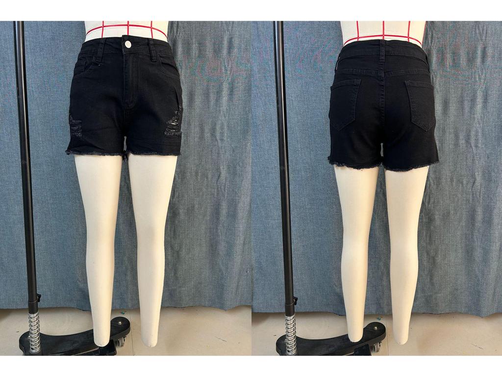 European-American Slim Fit Ripped Black Denim Shorts - Casual Low Waist Jeans