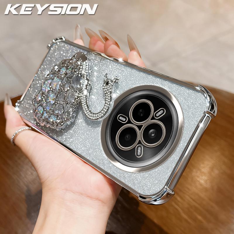 KEYSION Shockproof Plating Phone Case for Realme 14 Pro 5G Clear TPU Glitter Jewelled Swan Kickstand Back Cover for OPPO Realme 14 Pro+ 5G