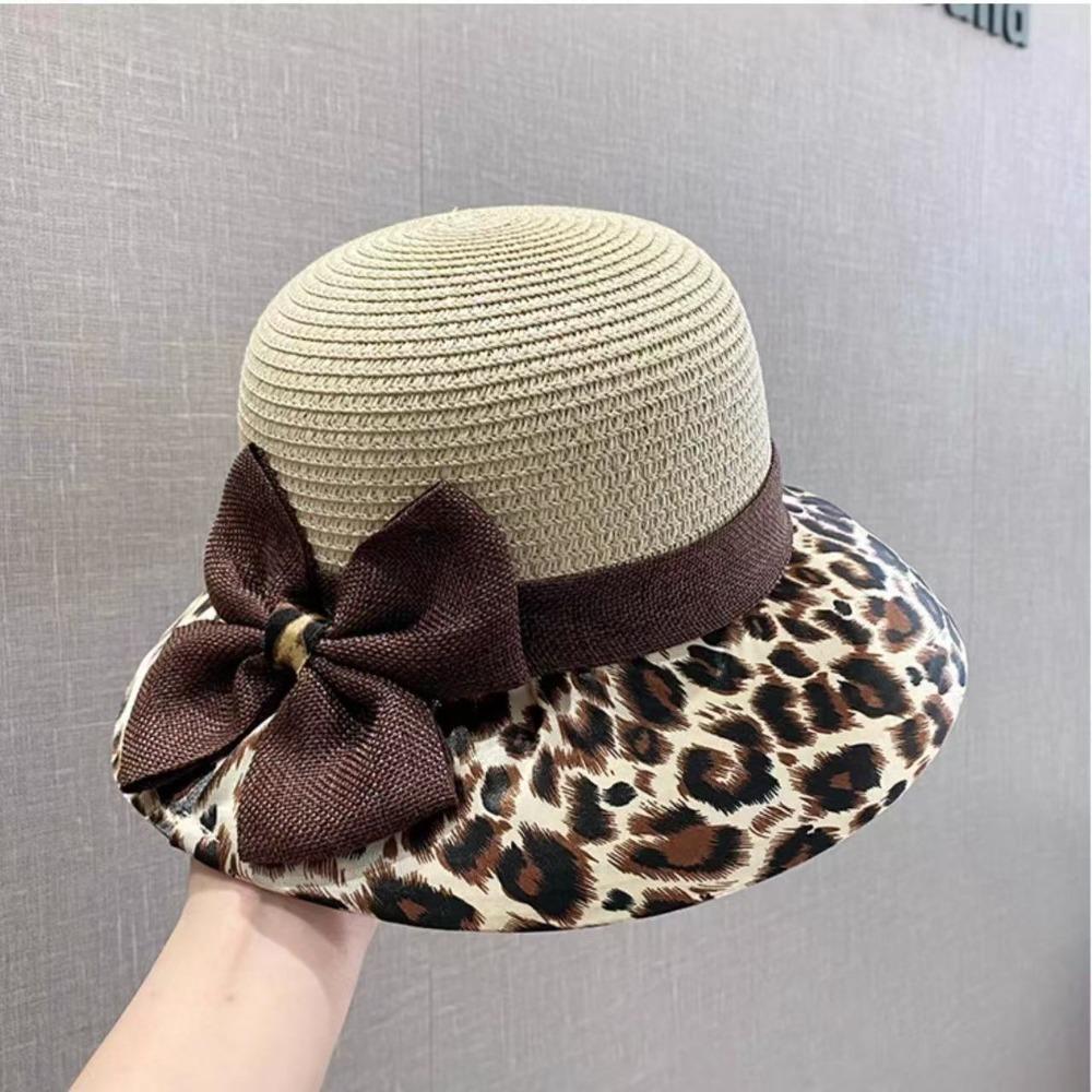 

Leopard Print Bow Straw Hat UV Protection Wide Brim Women s Sun Hat Korean Style Lightweight Fisherman s Hat Summer Outdoor бежевый