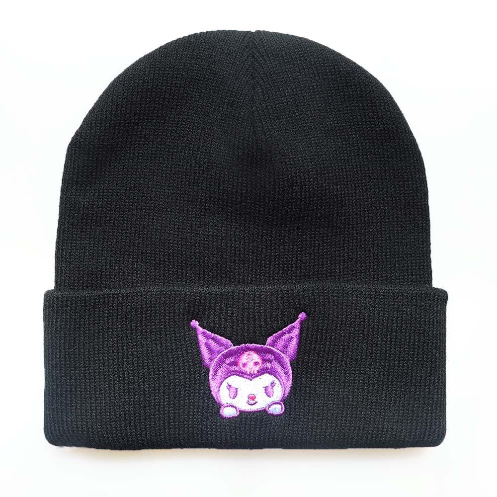 Men's and Women's Autumn and Winter Cartoon Knitted Hats with Kuromi Embroidery, Warm Beanie Hats for Students