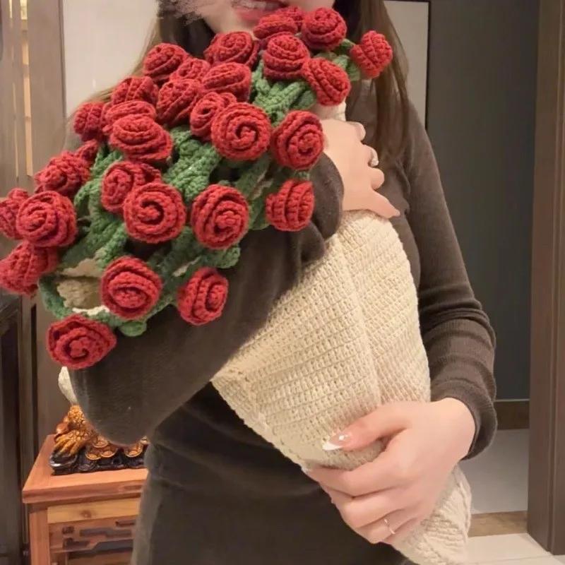 Handmade Pack Crocheted Blanket Acrylic Fiber Rose Bouquet Blanket Change Bouquet Creative Quilt Cover Diameter80/110/160cm