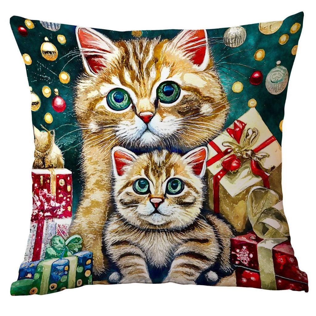 New Cartoon Christmas Pillowcase Christmas Watercolor Cat Creative Watercolor Holiday Home Pillow Pillowcase