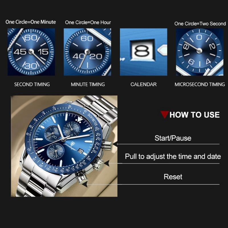 POEDAGAR Luxury Man Watch Chronograph Waterproof Luminous Date Quartz Wristwatch Fashion Sport Stainless Steel Watches