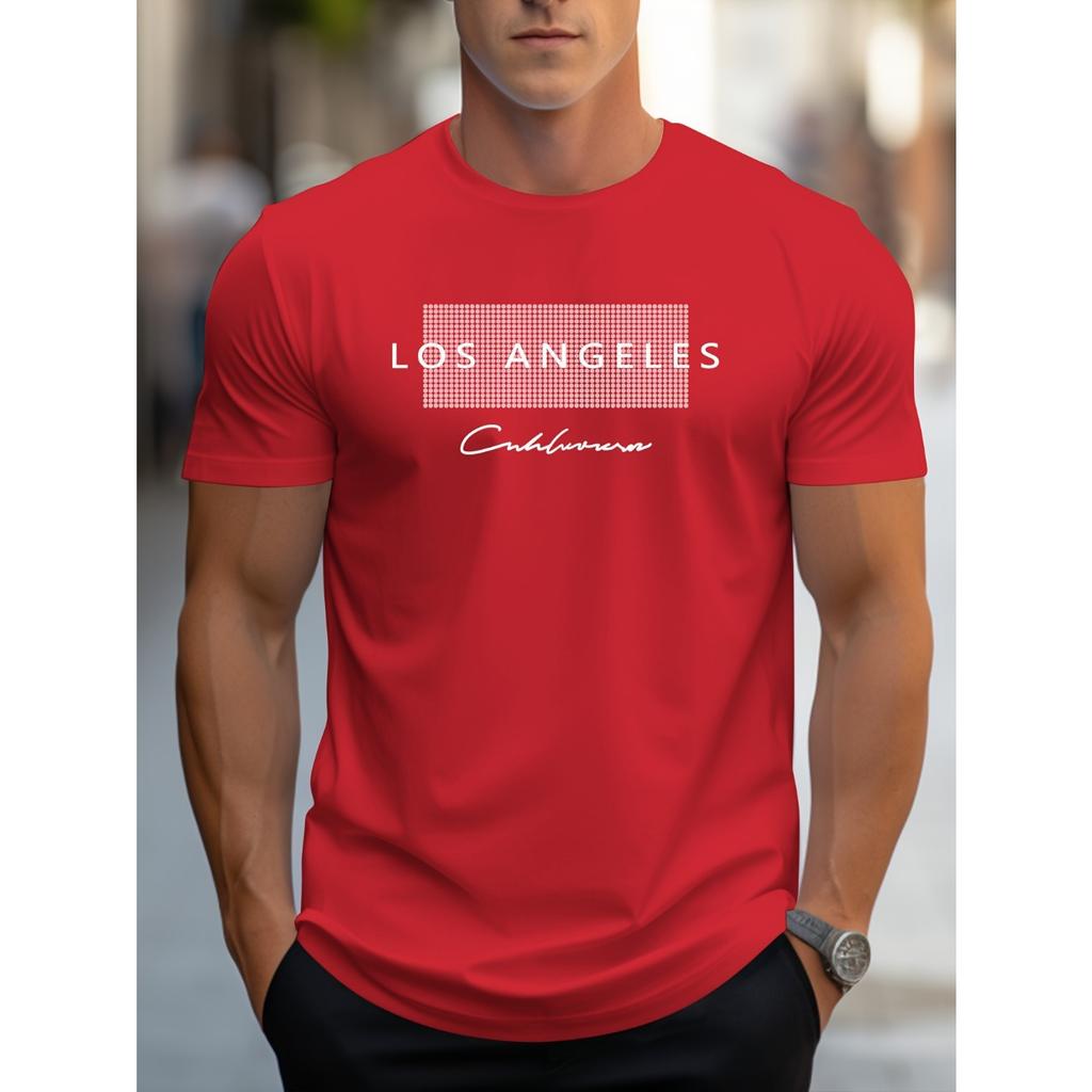 Men's Summer Loose Fit Large Los Angeles Graphic Printed Slim Fit Casual Sports Round Neck Short Sleeved T-shirt Top