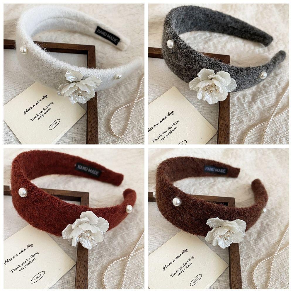 Korean Style Floral Pearl Hair Hoop Exquisite Wide Edge Hairband Flocking Flower Headband  Lady
