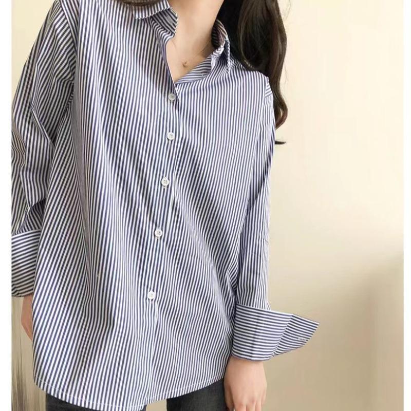 Classic Striped Woman Spring Autumn Blouses Shirt Lady Long Lantern Sleeve Stand Collar Loose Blusas Tops