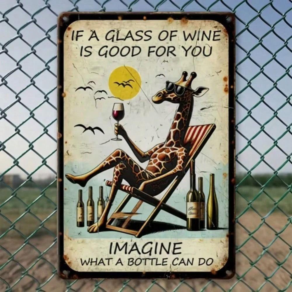Vintage Giraffe Metal Poster Wine Glass Wall Art Decor for Bar Home Waterproof Tin Sign
