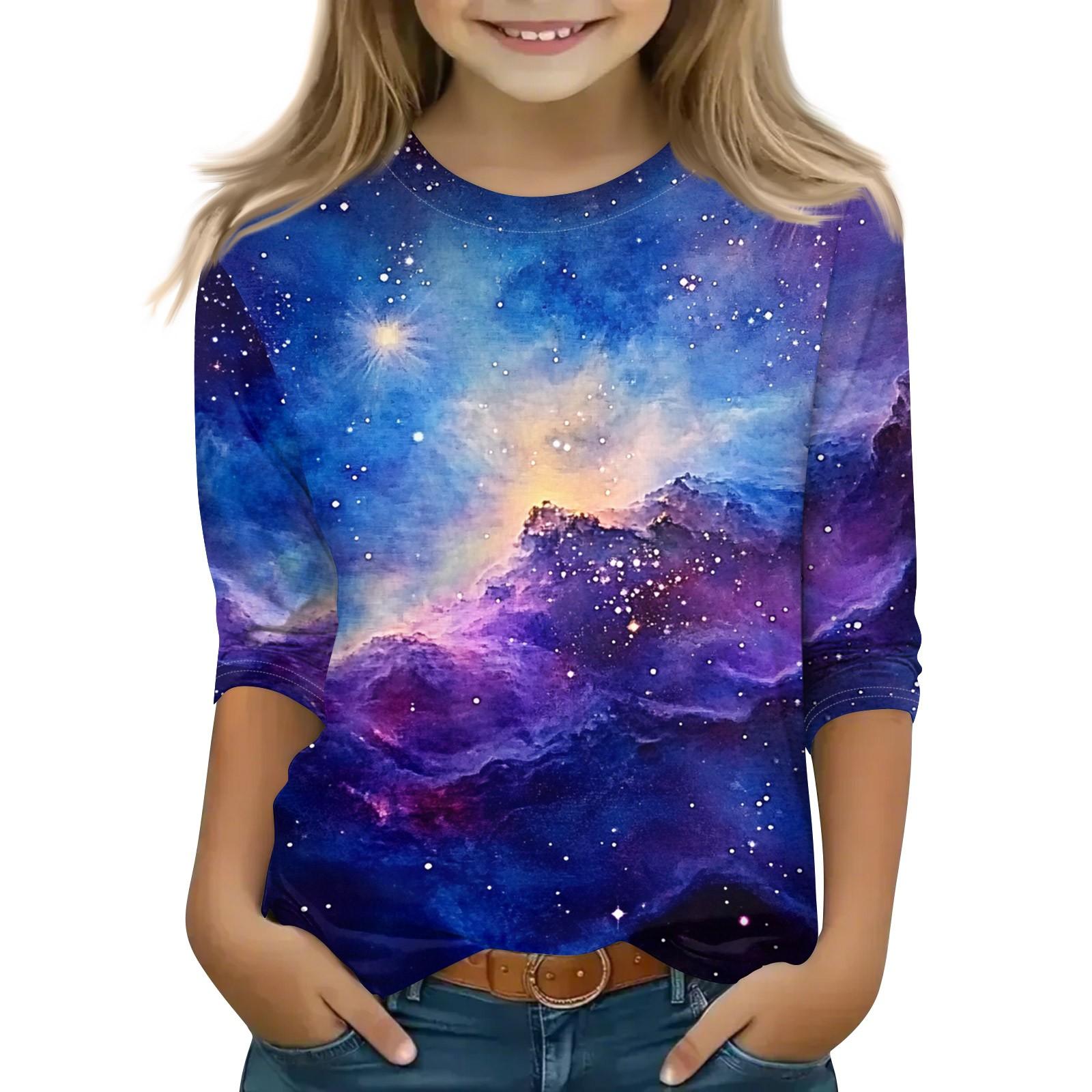 

Топы с принтом для девочек 5-16 лет с круглым вырезом и рукавами 3/4 Футболки Модные топы Наряды Футболки 150 синий