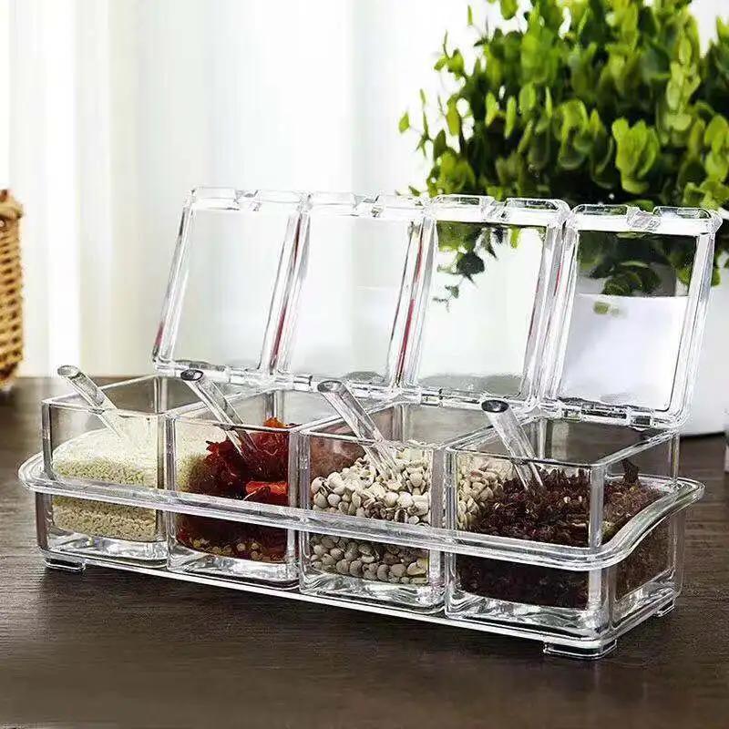 

Four Compartment Transparent Seasoning Box with Spoon Lid and Storage Base, Salt, Sugar, MSG Four in One Storage Container