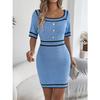 HNXC Spring Summer Elegant Square-neck Button Short-sleeved Knitted Hip-hugging Dress for Women