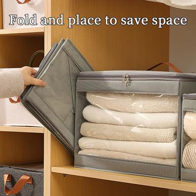 Foldable Clothing Storage Box Collapsible Storage Bin with Clear Window Reinforced Handles Zippered Comforter Storage Bag for Quilt Clothing Sweater
