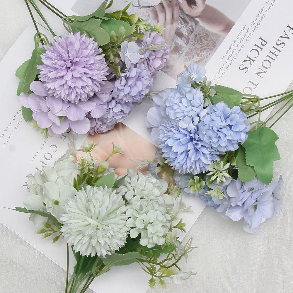 Multicolor Hydrangea Artificial Flowers Silk Petals Green Leaves Simulation Peony Dandelion Bouquet Photo Props DIY Accessories