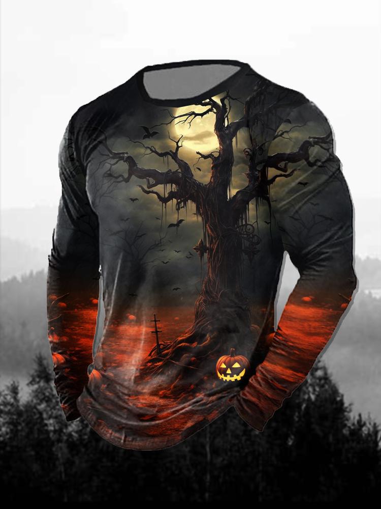 Halloween Men's T-Shirts Purple Horror Pumpkin Ghosts Forest 3D Print Autumn Long Sleeve T-Shirt Casual Tops Y2k Mens Clothing