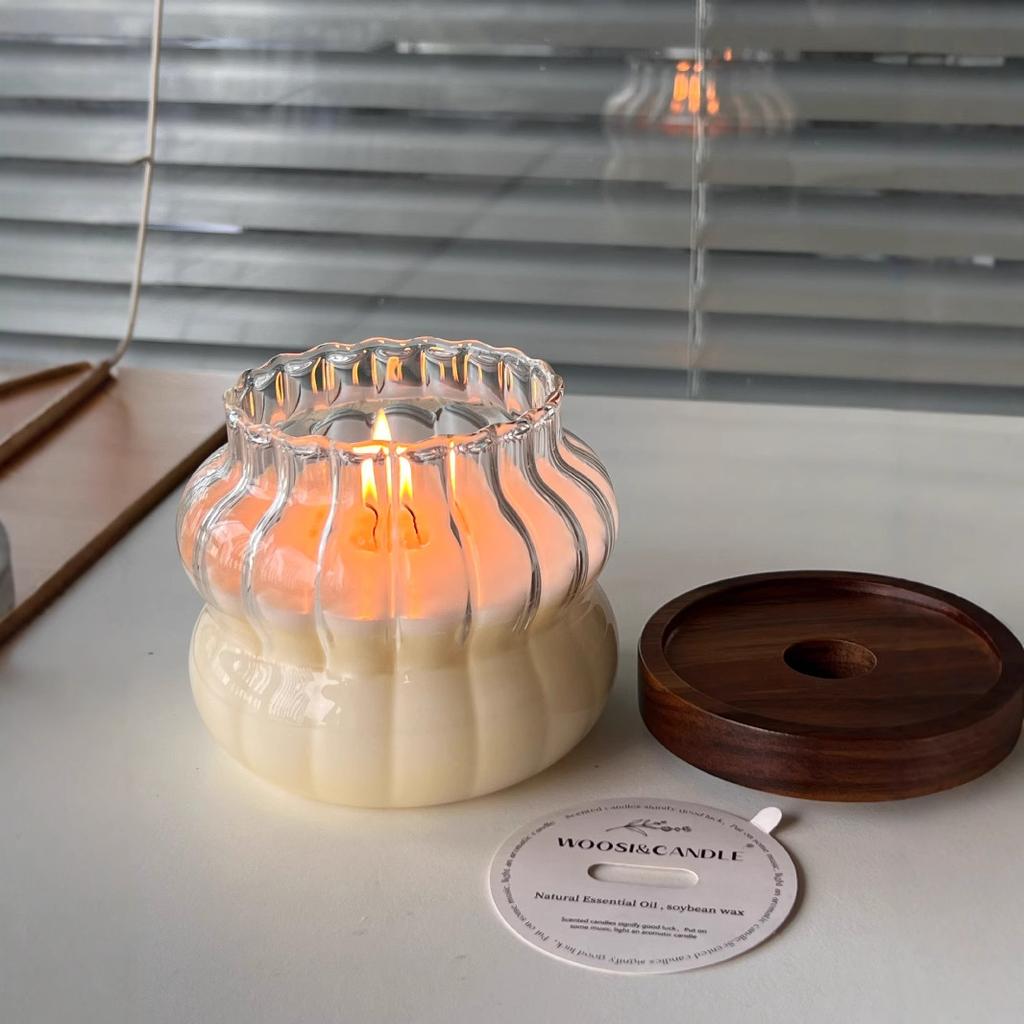 Medieval Style Chubby Glass Wooden Lid Candle Cup Tea Scented Candle Gift Box Birthday Gift Long-lasting Fragrance