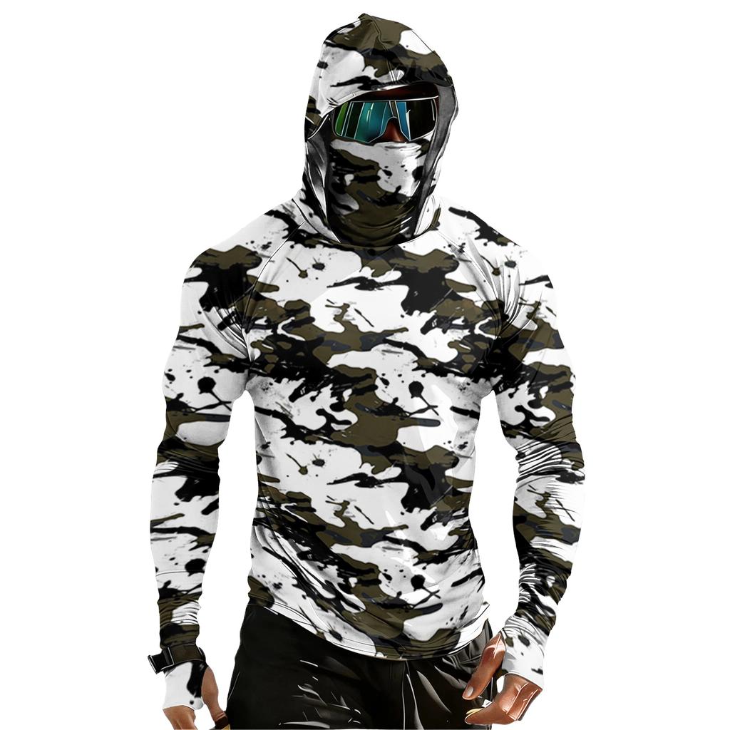Men’s Long Sleeve Hooded Shirt with Face Cover Leaf Print Lightweight Breathable Quick Dry Athletic Top for Outdoor Sports Fishing Running Hiking