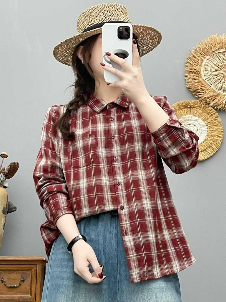 Women's Autumn Plaid Double-Layer Long-Sleeve Cotton Shirt - Japanese Style, Soft, Skin-Friendly, Breathable
