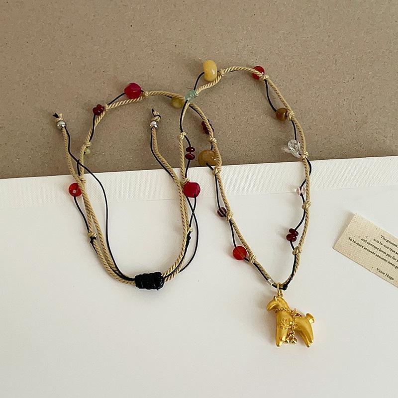 Minar Мультяшный Красочный Натуральный Камень Кулон Пони Колье Плетеная Веревка Лошадь Ключица Двухслойный Металлический Цепочка Чокер as the picture