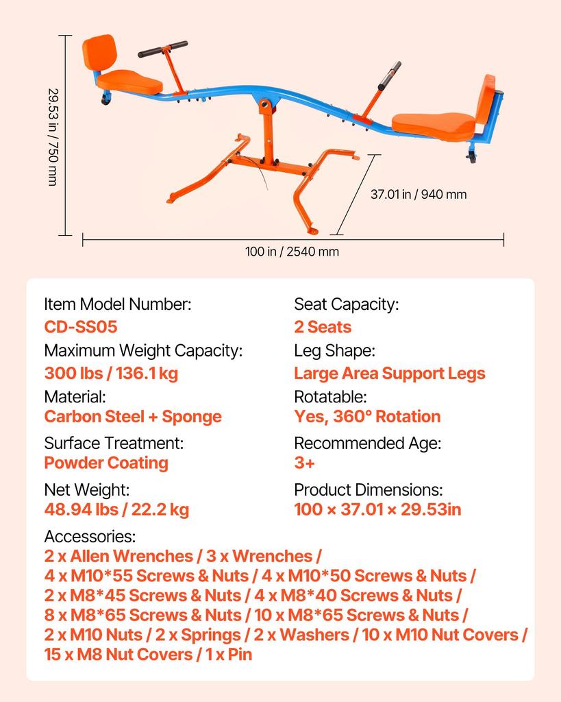 VEVOR Kids Seesaw, 136 Kg Load Capacity, Sit and Spin Teeter Totter with Easy-Grip Handles, Kids Outdoor Playground Equipment, Outside Toys
