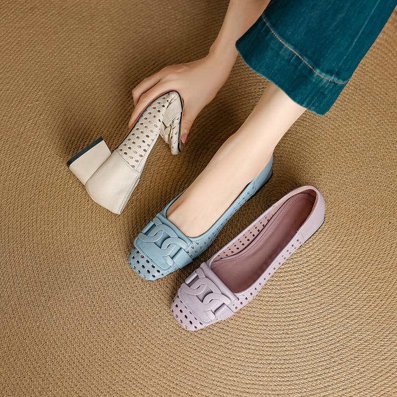Fashion Women's new genuine leather square toe perforated breathable metal accessories, including follow-up shoes, perforated shoes