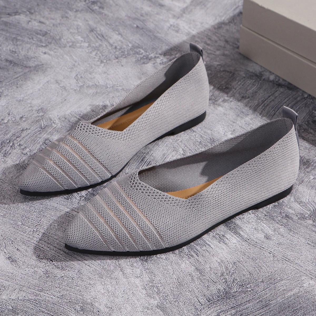 

Новые женские туфли на плоской подошве с острым носком, однотонные вязаные туфли без шнуровки, повседневные дышащие балетки, женские туфли на плоской подошве, женские лоферы 36 серый