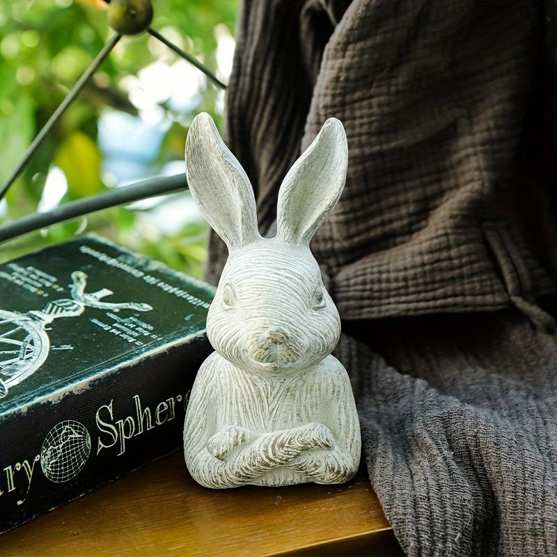 2pcs Rustic Wood Grain Finish Bust Rabbit Resin Statues, Farmhouse Decorative Animal Sculptures For Garden And Balcony