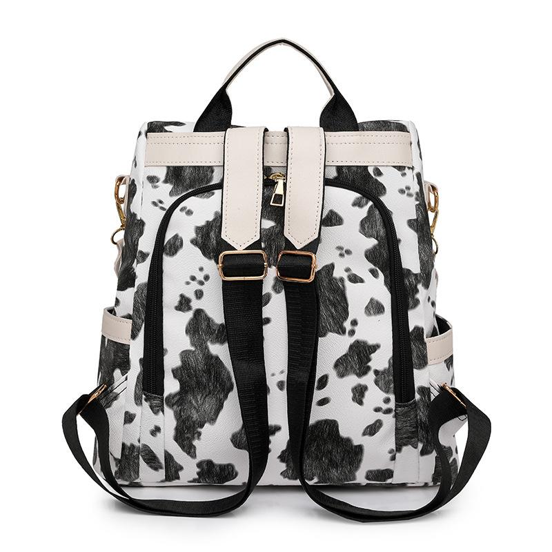 Women's Travel Backpack Fashionable Cow Pattern Anti-theft Single Shoulder Bag Commuting Water-splash PU Lightweight School Bag