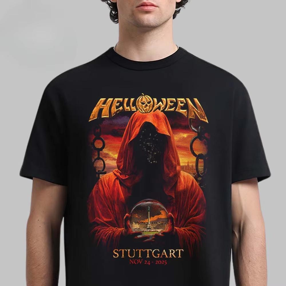 Helloween 2025 Europe Tour Hooded Wizard Poster Print Tee Power Metal Band Streetwear Casual Unisex Top with Full Show Dates