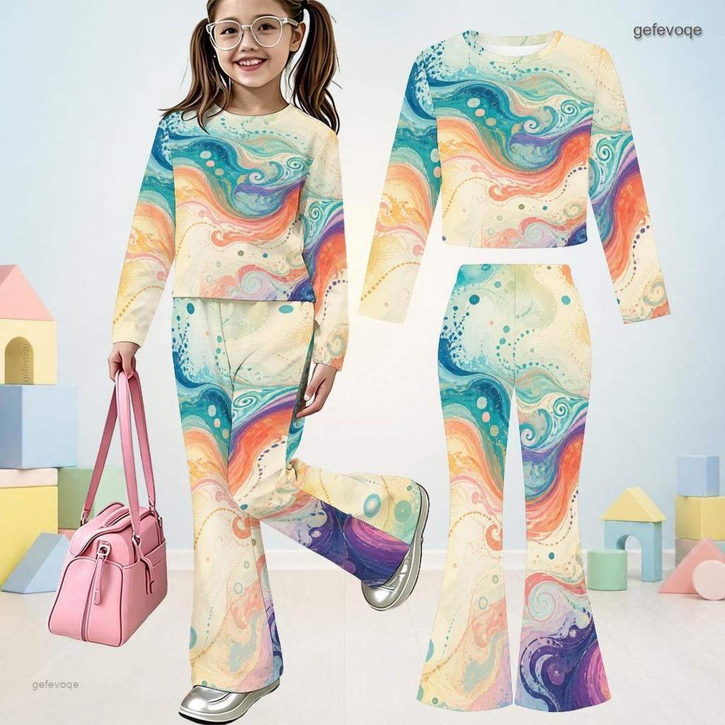 Girls Round Neck Long Sleeve Glitter Swirl Printed Top Flared Pants Two Piece Set