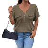 Women's  Loose Solid Color Large Size Zipper Short Sleeve Fake Pocket Pullover T-shirt  Top